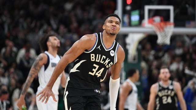 November 18, 2023; Milwaukee Bucks forward Giannis Antetokounmpo celebrates after scoring a basket against the Dallas Mavericks at Fiserv Forum